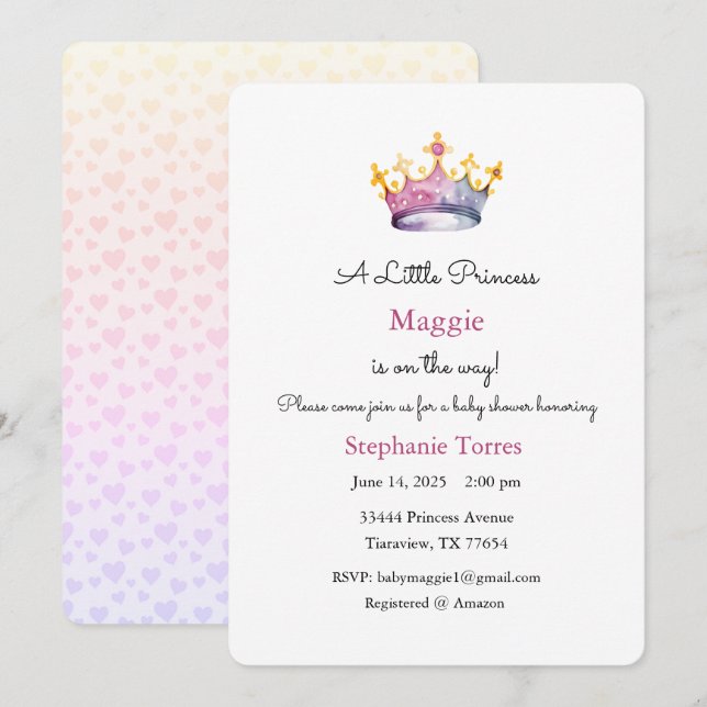 Invitación de pequeña princesa, invitación de bebé (Anverso / Reverso)