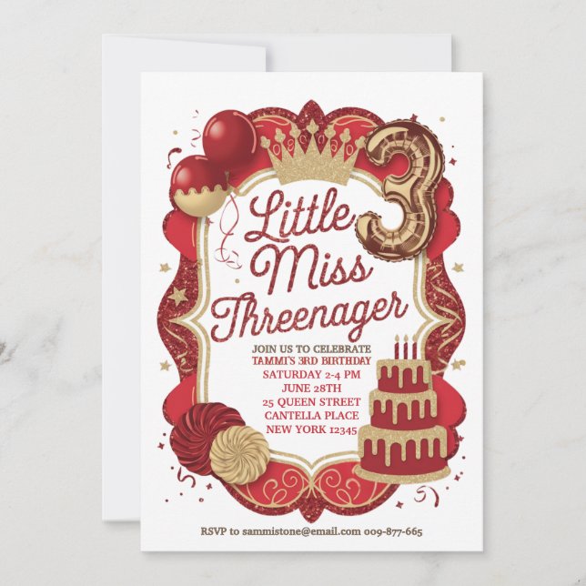Invitación de Pequeña Señorita Threenager Roja (Anverso)