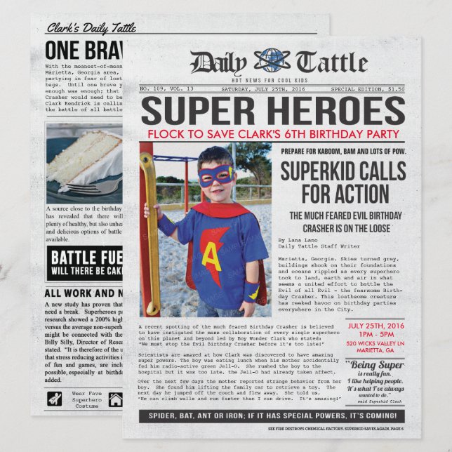 Invitación de periódico de superhéroe - 6.5 x 8.75 (Anverso / Reverso)