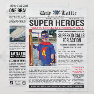Invitación de periódico de superhéroe - 6.5 x 8.75