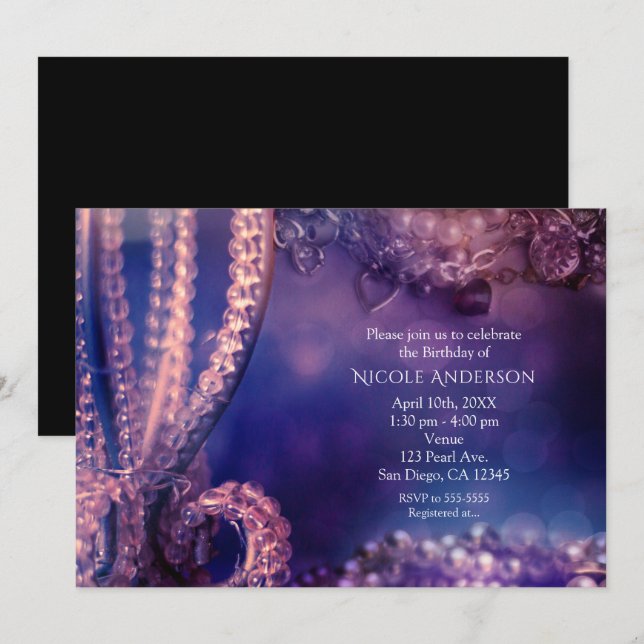 Invitación de Perlas Glamour Chic Brillo Púrpura (Anverso / Reverso)