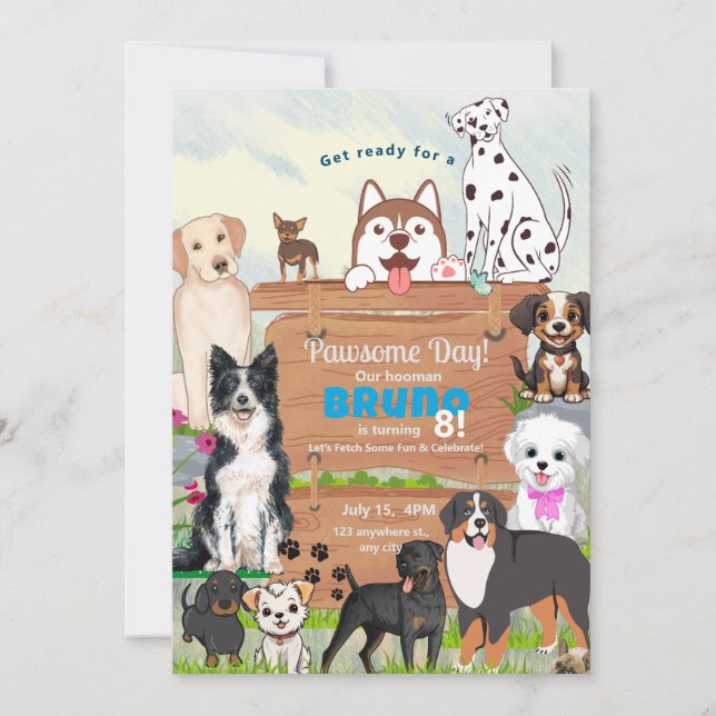 invitación de perro con temática de fiesta pawsome (Anverso)