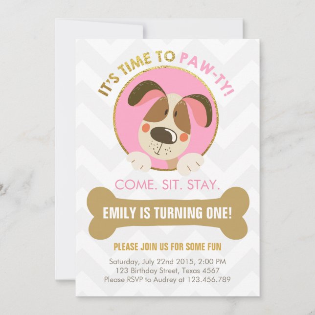 Invitación de perro de cachorro rosa y Gold Paw ty (Anverso)