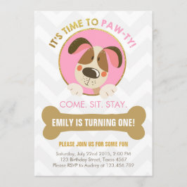 Invitación de perro de cachorro rosa y Gold Paw ty