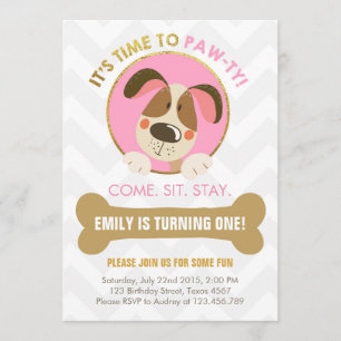 Invitación de perro de cachorro rosa y Gold Paw ty