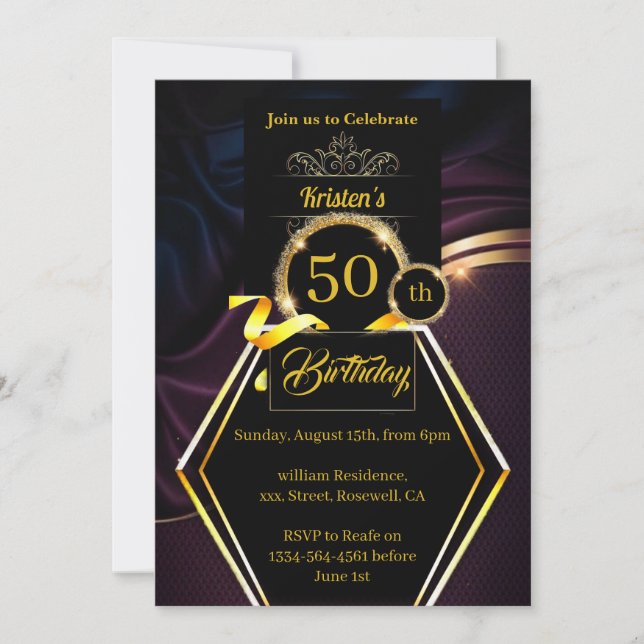 Invitación de personalizado de Oro y Púrpura al cu (Anverso)