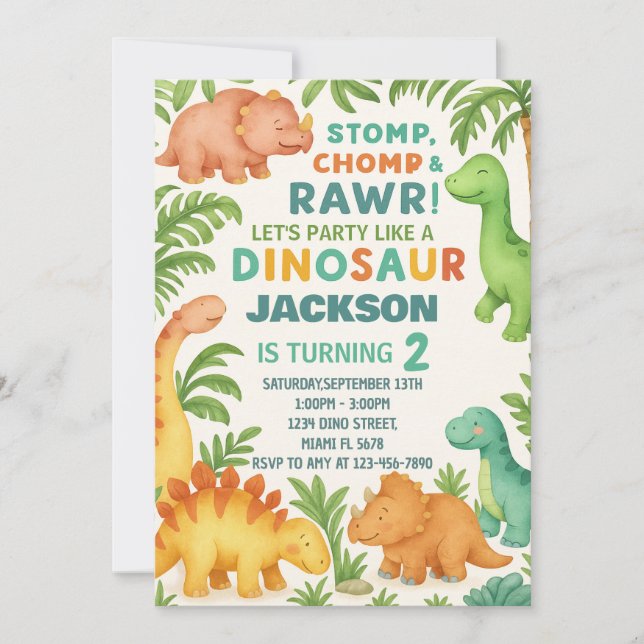 Invitación de personalizado editable Dino Fiesta (Anverso)