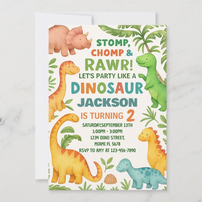 Invitación de personalizado editable Dino Fiesta (Anverso)