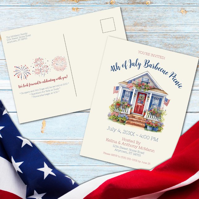Invitación de picnic a la barbacoa del 4 de julio (Festive 4th of July Barbecue Picnic Postcard Invitation)