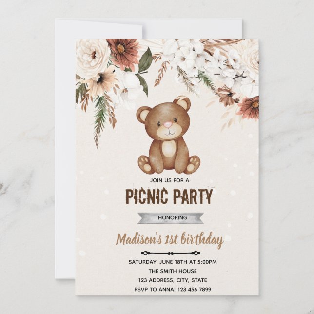 invitación de picnic de ducha de oso boho (Anverso)