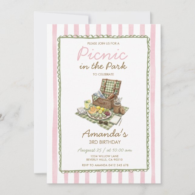 Invitación de picnic de verano rosa en el parque (Anverso)