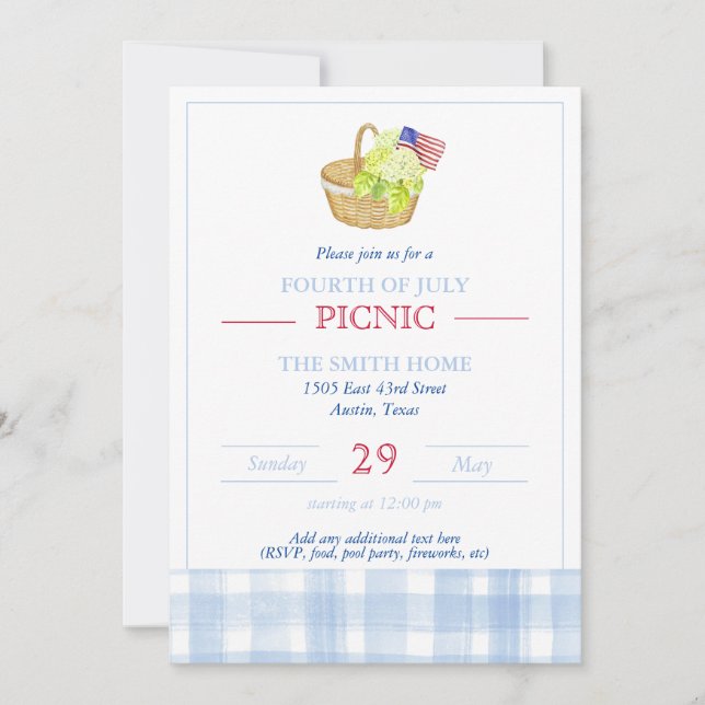 Invitación de picnic del cuatro de julio en acuare (Anverso)