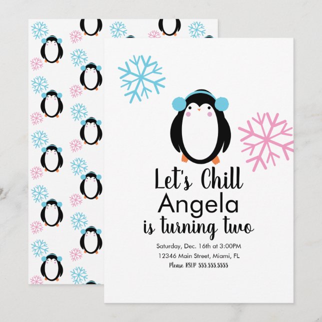 Invitación de pingüino lindo rosa azul copos de ni (Anverso / Reverso)