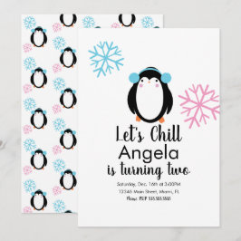 Invitación de pingüino lindo rosa azul copos de ni