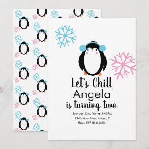 Invitación de pingüino lindo rosa azul copos de ni