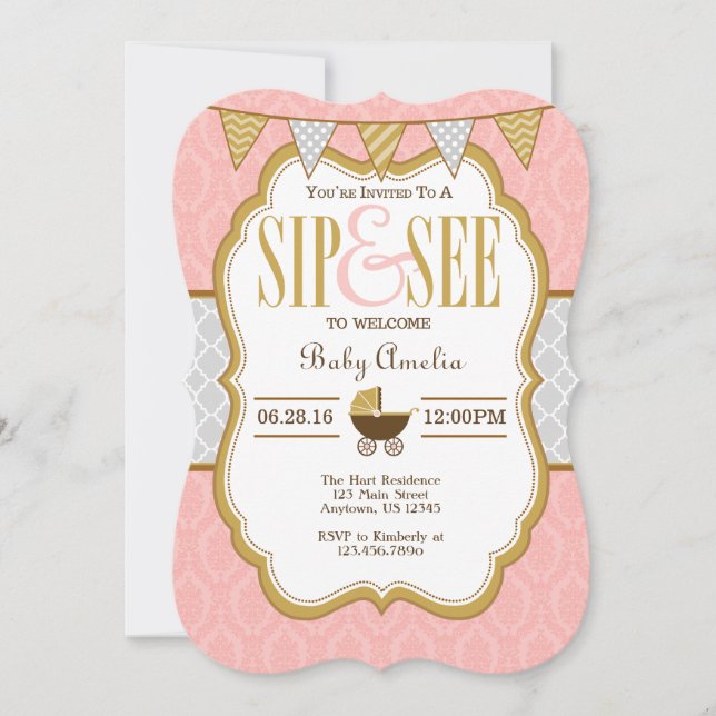 Invitación de Pink Gray Gold Sip And See (Anverso)