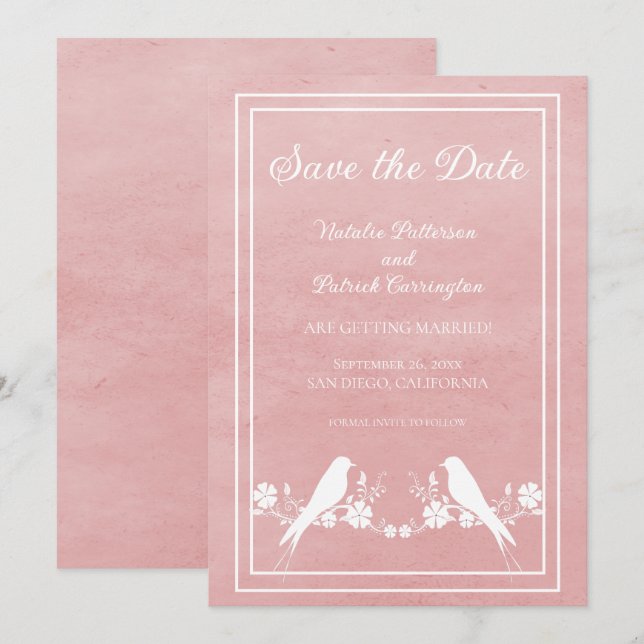 Invitación de Pink Lovebird Floral para guardar la (Anverso / Reverso)