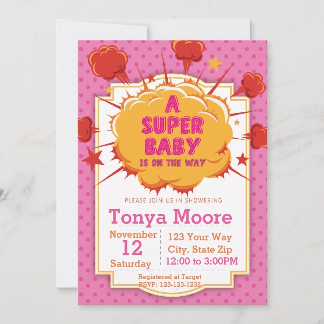 Invitación de Pink Super Baby Shower (Anverso)