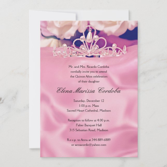Invitación de Pink Tiara Quinceañera (Anverso)