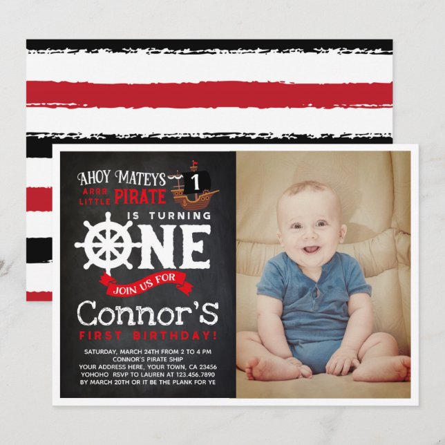 Invitación de pirata por primer cumpleaños con fot (Anverso / Reverso)