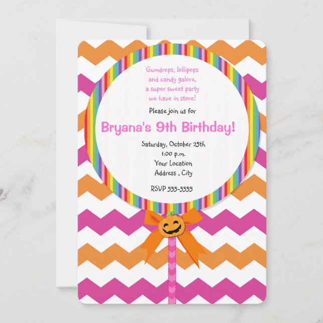 Invitación de piruleta de Chevron rosa de calabaza (Anverso)
