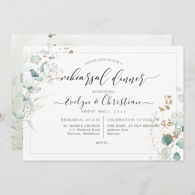 Invitación de PixDezines Rustic Watercolor Gum Euc (Anverso / Reverso)