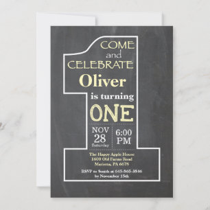 Invitación de pizarra amarilla para el 1er cumplea