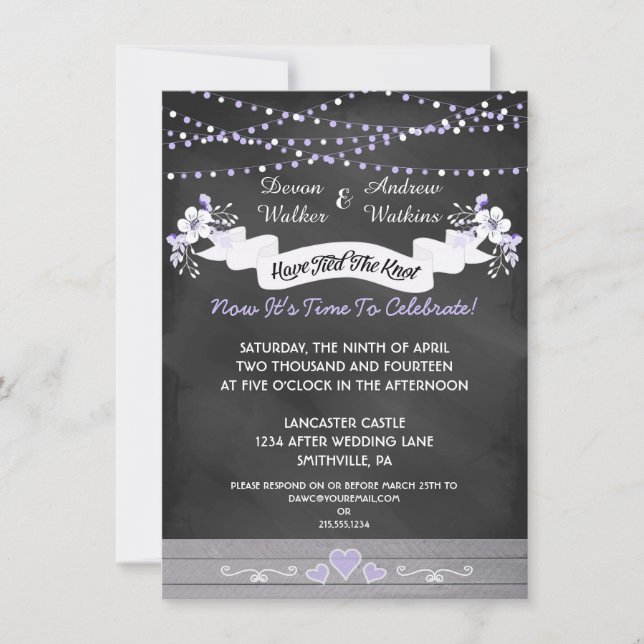 Invitación de pizarra de flores y luces para boda  (Anverso)