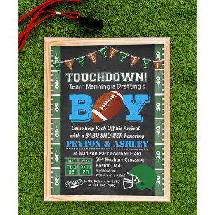 Invitación de pizarra para baby shower de fútbol a