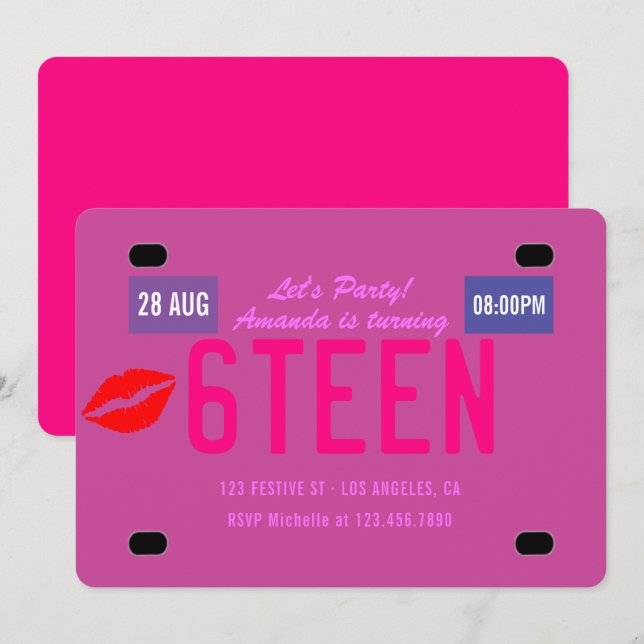 Invitación de placa de cumpleaños número dieciséis (Anverso / Reverso)