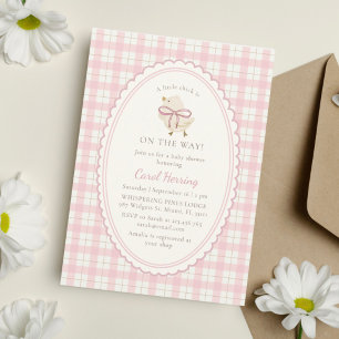 Invitación de Plaid Rosa, Niña Pollito, Baby Showe