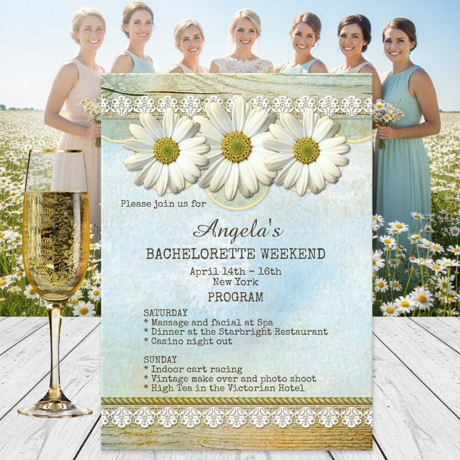 Invitación de plantilla de programa de fin de sema (Bachelorette weekend getaway program template with a boho chic design with daisies on rustic wood)