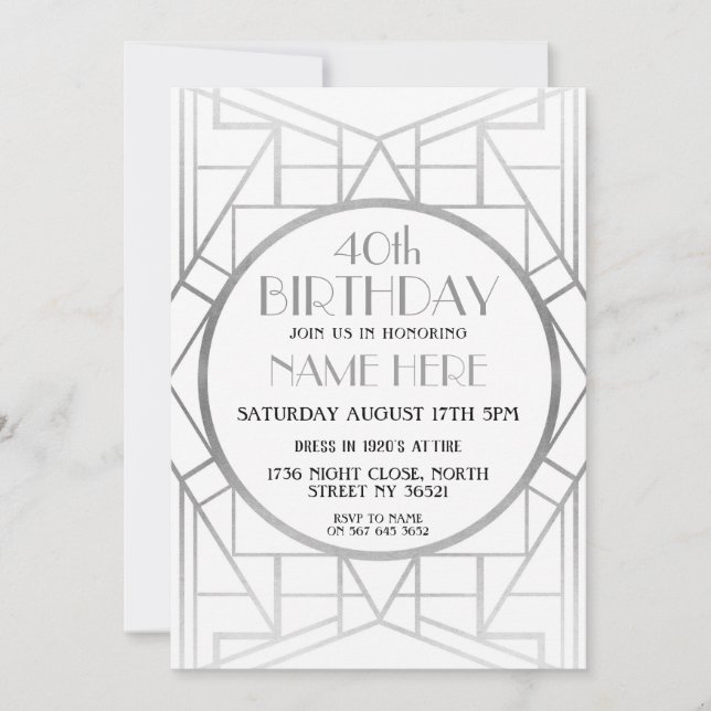 Invitación de plata a los cumpleaños gatsby del Ar (Anverso)