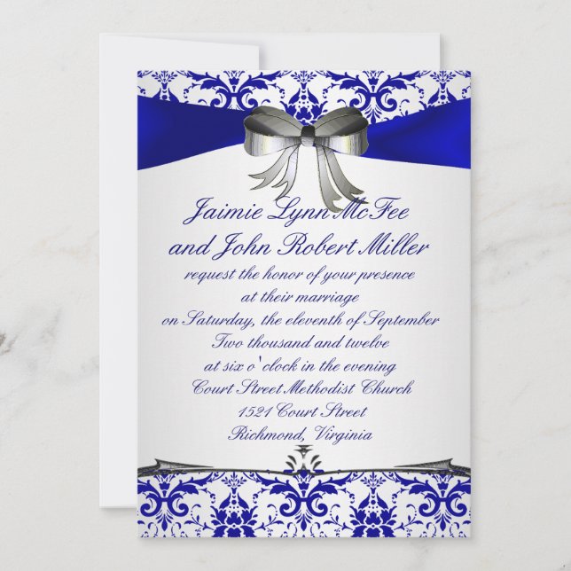 Invitación de plata azul adornada de la boda del (Anverso)