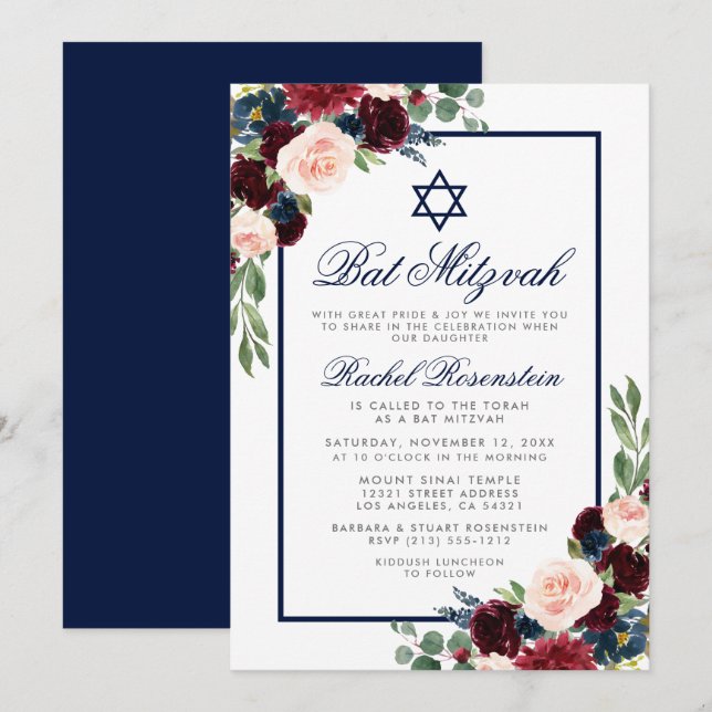 Invitación de plata azul borgoñona floral de Bat M (Anverso / Reverso)