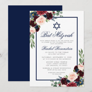 Invitación de plata azul borgoñona floral de Bat M