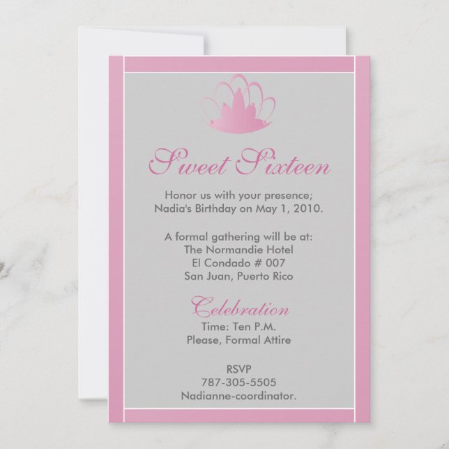 Invitación de plata blanca rosada de la tiara del (Anverso)