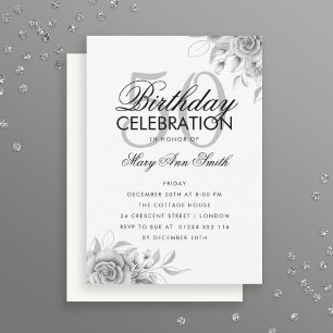 Invitación de plata de cumpleaños de Glam floral d