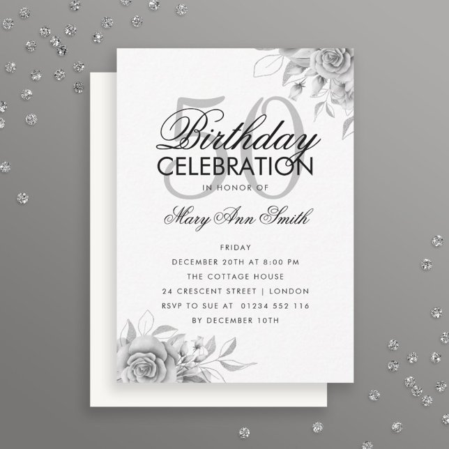 Invitación de plata de cumpleaños de Glam floral d (Subido por el creador)