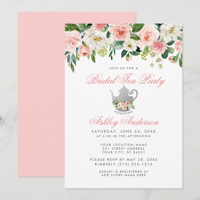 Invitación de plata floral Fiesta de té con ducha  (Anverso / Reverso)