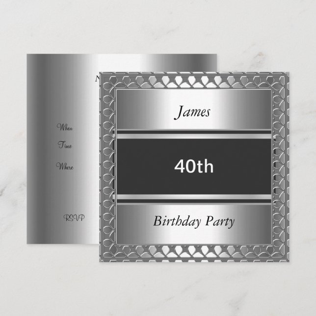 Invitación de plata para fiesta de cumpleaños 40 d (Anverso / Reverso)