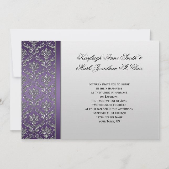 Invitación de plata púrpura de la boda del damasco (Anverso)