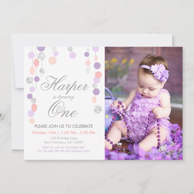 Invitación de plata rosada púrpura del cumpleaños (Anverso)