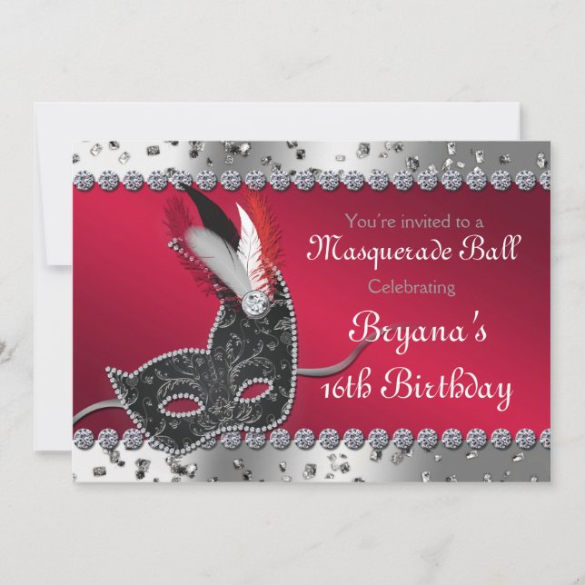 Invitación de plata y rojo para fiesta de baile de (Anverso)