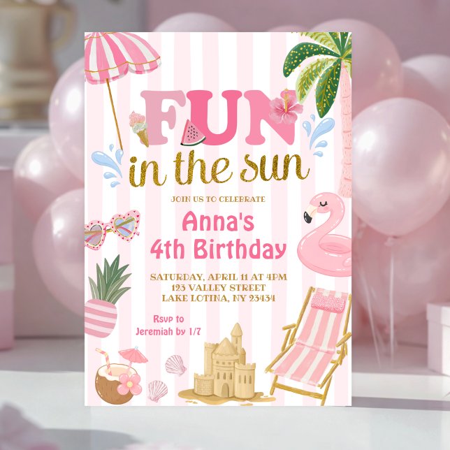 Invitación de playa divertida con franja rosa en e (Subido por el creador)