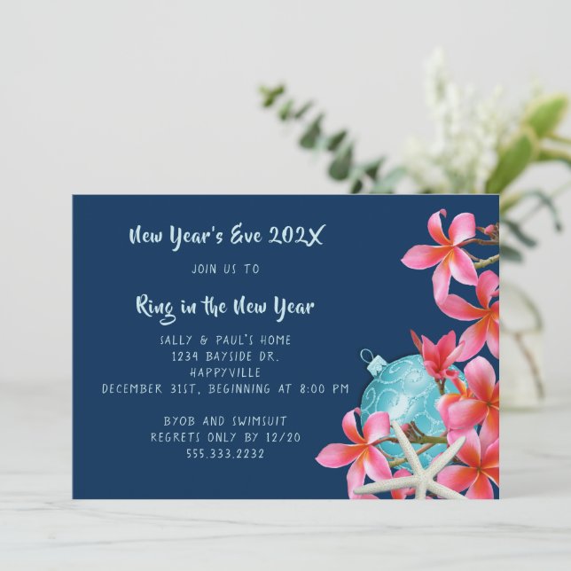 Invitación de Plumeria de Año Nuevo Tropical Fiest (Anverso de pie)