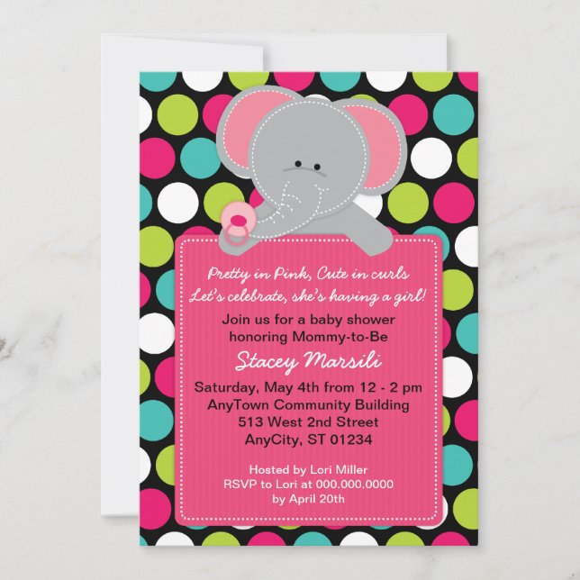 Invitación de Polkadot Baby Shower del elefante (Anverso)