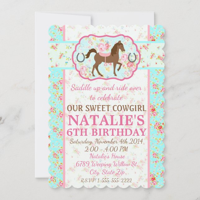 Invitación de Pony Floral de Chic Cowgirl Shabby (Anverso)