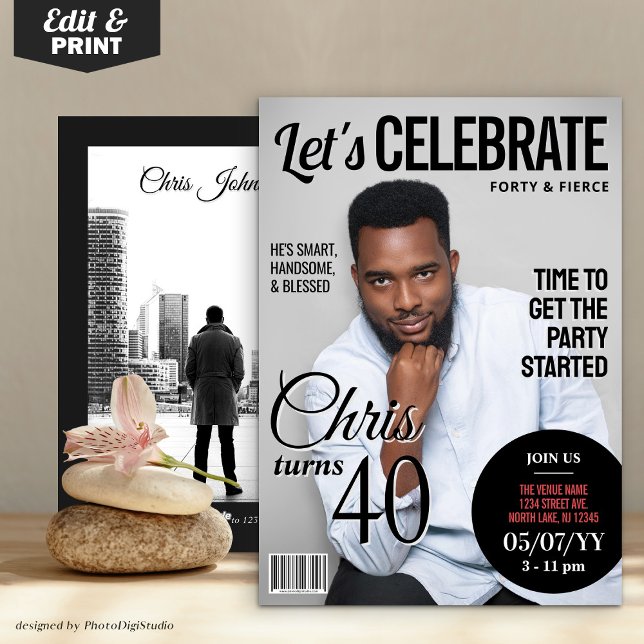 Invitación de portada de revista de cumpleaños | I (Birthday Magazine Cover Invitation | Modern Invite)
