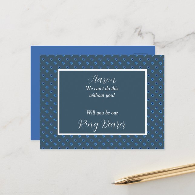 Invitación de Portador de Anillo en Azul y Blanco (Anverso/Reverso In Situ)